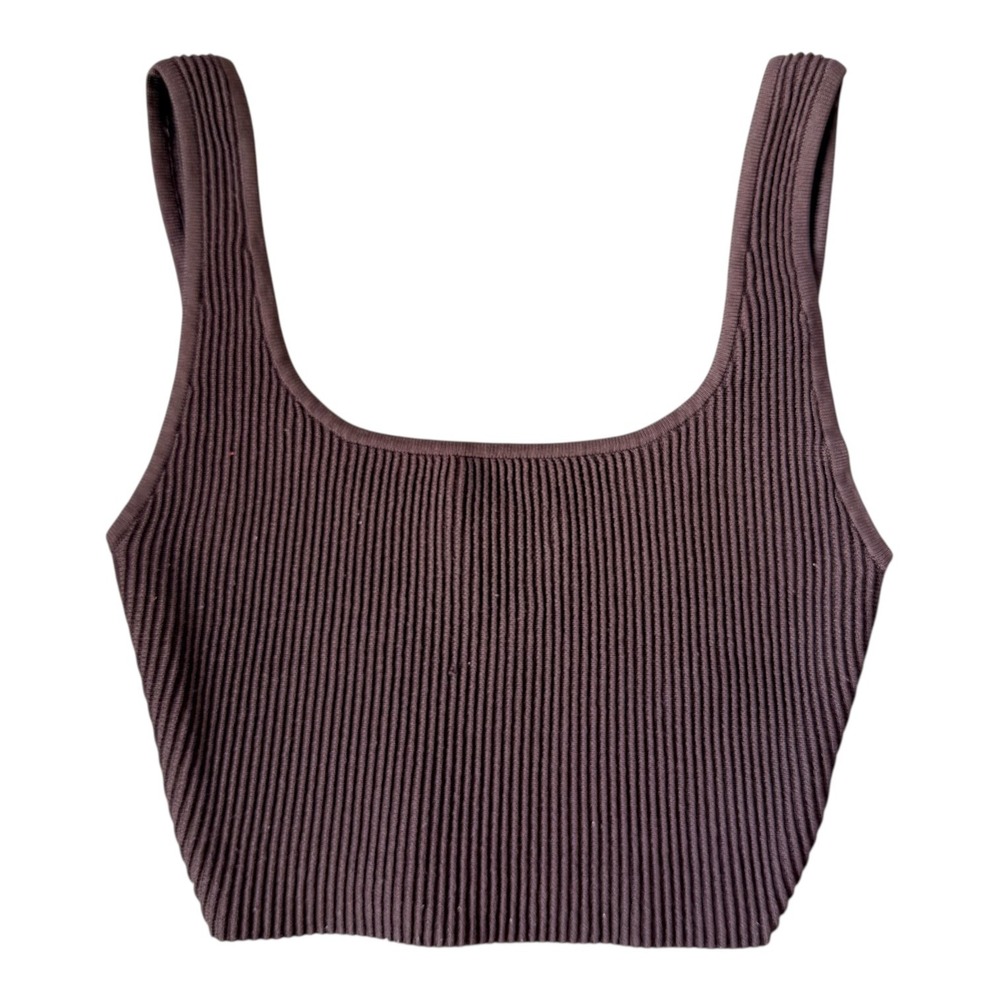 Aritzia Babaton Womens XXS Cocoa Brown Ribbed Square Neck Sculpt Knit Crop Tank - Picture 2 of 6